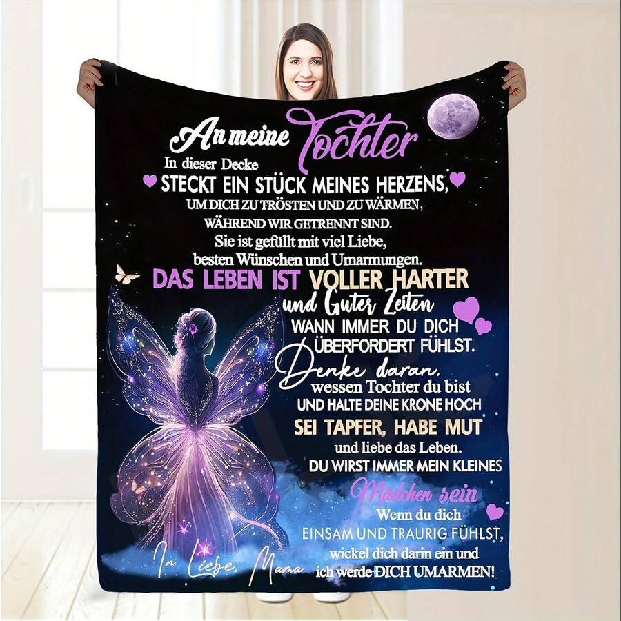 舒适的法兰绒毯子 - 蝴蝶翅膀和云朵背景设计，经典信封风格适合女儿，黑色、蓝色和紫色色调的数码印刷 - 非常适合客厅、卧室、沙发和露营 - 送给女儿的理想礼物 - 彩色 - 查看 1