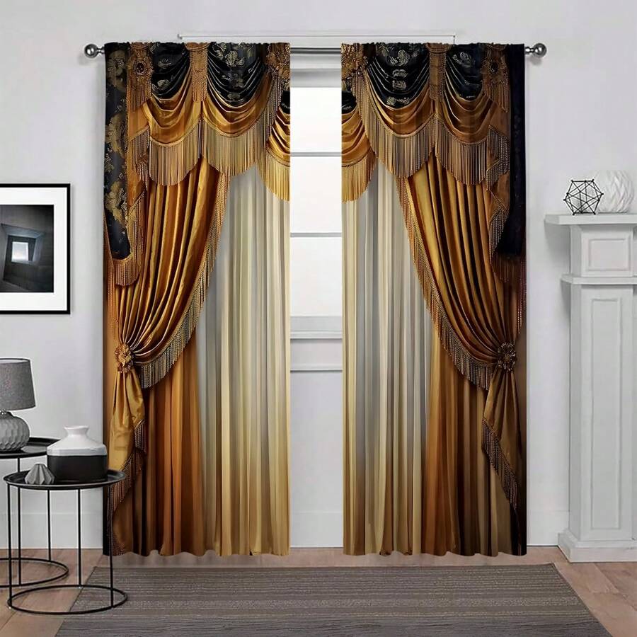 2pcs Luxury European Classical Style Tassel Valance Digital Print Sheer Curtain Panels, Rod Pocket Design For Easy Hanging, Quality Polyester Fabric, Waterproof & Wrinkle Resistant, High Definition Print, Fade Resistant, Suitable For Bedroom, Bathroom, Living Room European Home Decor Rama Decoration Rama - Gold - View 1