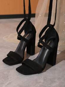 Timesize 1 Pair Black Lace-Up Women's Sandal, Thick Heel Women's Formal Uniform Sandal For Work, Office, Wedding