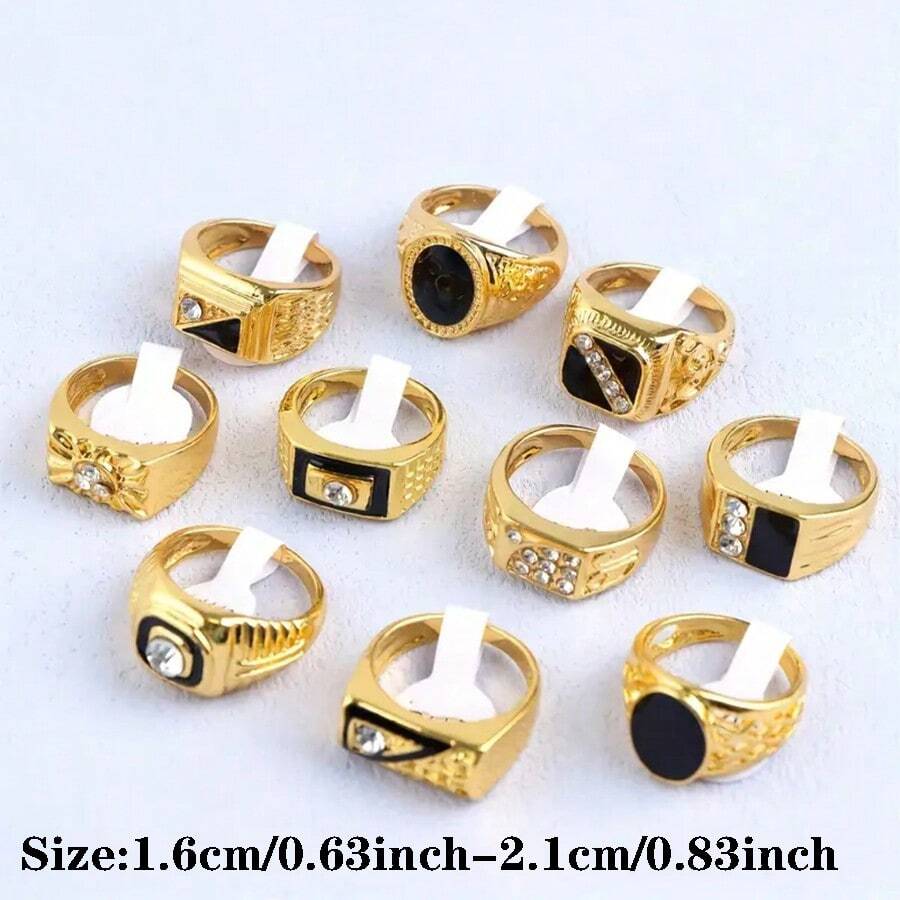 10pcs/Pack Fashion Black Enamel Zinc Alloy Rings Set, Vintage Elegant