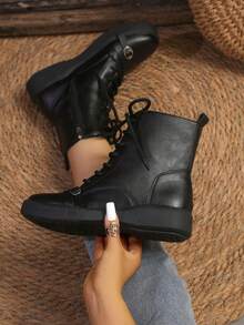 Giày bốt cổ ngắn cho nữ thời trang ấm áp mùa thu/đông mới, giày bốt ngắn đế bằng thoải mái - màu đen - Xem 4