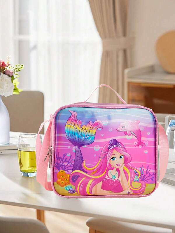 Pink Mermaid Lunch Bag, Cartoon Mermaid Lunch Bag, Made Of PU Material, Provides Enough Space To Hold Your Lunch Box, Water Bottle, Snacks, Suitable For Commuting, Back To School, Etc. Adjustable Shoulder Strap, Insulated Lining, Reusable, Unisex