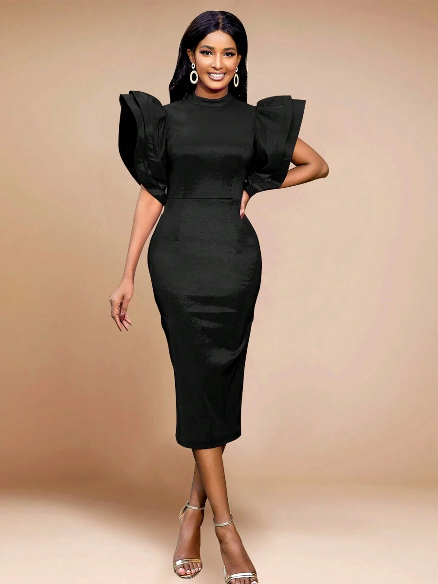 Women's High Neck Sequin Ruffle Sleeve Bodycon Midi Dress, Formal Evening Gown Suitable For New Year Party, Birthday, Wedding Guest, Graduation Ceremony, Gala, Homecoming, Cocktail Party - màu đen - Xem 1
