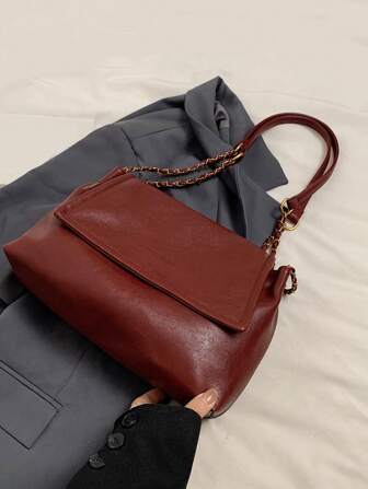 Simple Stylish Soft PU Chain Flap Wine Red Shoulder Bag For Women