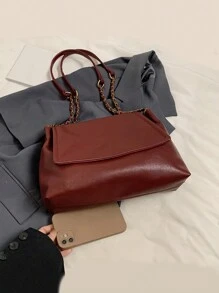 Simple Stylish Soft PU Chain Flap Wine Red Shoulder Bag For Women