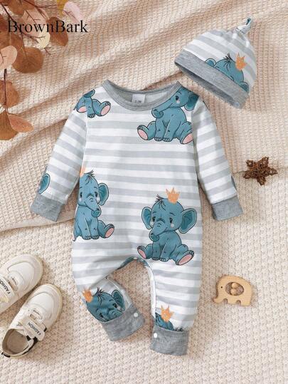 BrownBark 2 pezzi Set neonato bambino/bambina con tutina a maniche lunghe e cappello, stampa elefante carino, morbido e confortevole, abbigliamento per neonati adatto per tutte le stagioni