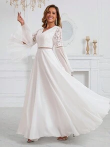 Vestido de Noiva Romântico Feminino com Renda, Chiffon de Manga Longa, Cintura e Comprimento até o Chão, Vestido de Noiva