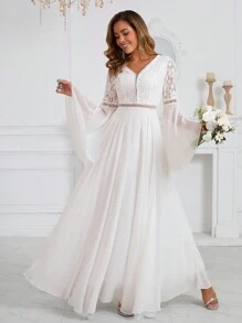 Vestido de Noiva Romântico Feminino com Renda, Chiffon de Manga Longa, Cintura e Comprimento até o Chão, Vestido de Noiva