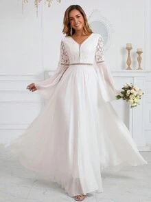 Vestido de Noiva Romântico Feminino com Renda, Chiffon de Manga Longa, Cintura e Comprimento até o Chão, Vestido de Noiva