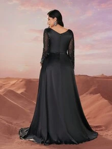 YISIKADO 大码正式舞会晚礼服，优雅奢华缎面手工串珠水钻装饰长袖连衣裙，婚礼活动礼服，黑色连衣裙，适合婚礼嘉宾、毕业典礼、晚宴派对礼服