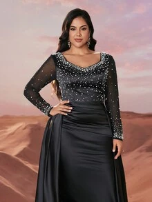 YISIKADO 大码正式舞会晚礼服，优雅奢华缎面手工串珠水钻装饰长袖连衣裙，婚礼活动礼服，黑色连衣裙，适合婚礼嘉宾、毕业典礼、晚宴派对礼服