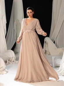 Faeriesty 加贴花 V 领灯笼袖雪纺正式派对礼服，长袖舞会晚礼服，适合婚礼嘉宾、毕业典礼、晚宴 - 香檳色 - 查看 8