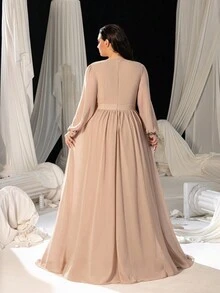 Faeriesty 加贴花 V 领灯笼袖雪纺正式派对礼服，长袖舞会晚礼服，适合婚礼嘉宾、毕业典礼、晚宴 - 香檳色 - 查看 3