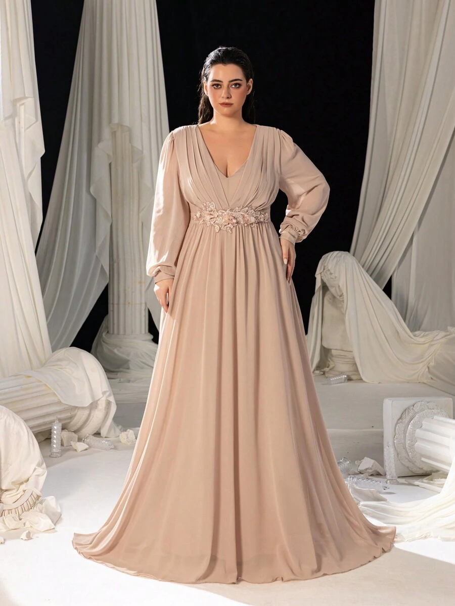 Faeriesty 加贴花 V 领灯笼袖雪纺正式派对礼服，长袖舞会晚礼服，适合婚礼嘉宾、毕业典礼、晚宴