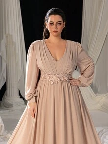 Faeriesty 加贴花 V 领灯笼袖雪纺正式派对礼服，长袖舞会晚礼服，适合婚礼嘉宾、毕业典礼、晚宴 - 香檳色 - 查看 9