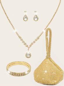 LETODE 4 món phụ nữ Rhinestone buổi tối túi cầm tay Rhinestone kẹp tai vòng đeo tay cưới cô dâu choker Dangle Bling Glitter ví - Vàng - Xem 1