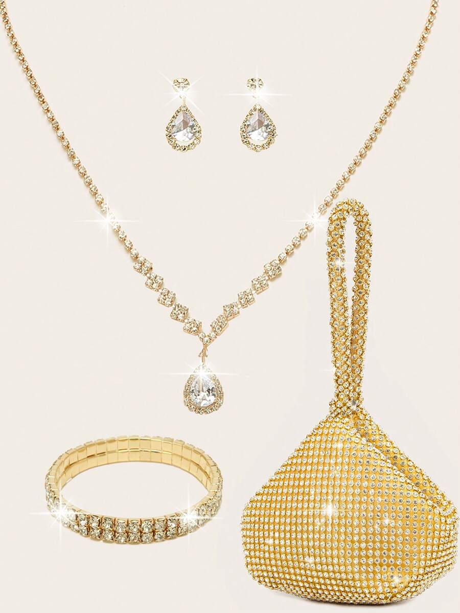 LETODE 4 món phụ nữ Rhinestone buổi tối túi cầm tay Rhinestone kẹp tai vòng đeo tay cưới cô dâu choker Dangle Bling Glitter ví - Vàng - Xem 1