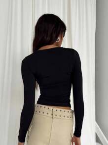 3 Piezas Camisetas de base para mujer estilo Y2K, camisetas de manga larga con cuello redondo, camisetas de base ajustadas suaves y cómodas, camisetas de base de manga larga casuales y de moda, camisetas de cuello redondo de un solo color ajustadas para primavera y otoño, tops recortados de base para uso diario - Multicolor - Ver 3