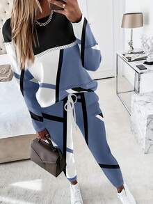 Zestaw 2 szt.: Koszulka z nadrukiem w bloki kolorów, z okrągłym dekoltem i długim rękawem oraz spodnie ze ściągaczem w pasie, swobodny strój wypoczynkowy lub odzież uliczna, jesień/zima