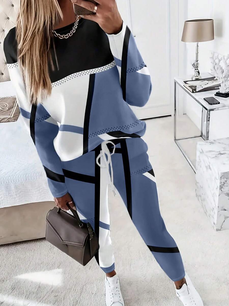 Zestaw 2 szt.: Koszulka z nadrukiem w bloki kolorów, z okrągłym dekoltem i długim rękawem oraz spodnie ze ściągaczem w pasie, swobodny strój wypoczynkowy lub odzież uliczna, jesień/zima