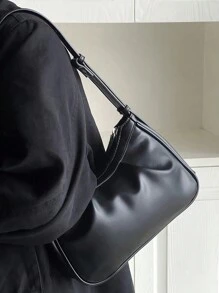 新款女士单肩包，百搭褶皱云朵包，时尚腋下包，清新百搭的单肩/斜挎包，大容量法棍包 - 黑色 - 查看 3