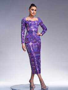 Missord Elegant Sequin Embellished Fitted Cocktail Dress - Purple - View 8