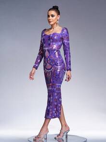 Missord Elegant Sequin Embellished Fitted Cocktail Dress - Purple - View 7