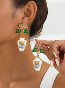 女士时尚耳环，天使花瓶彩绘。采用铜合金制成，复古的古董金属质感，顶级工厂设计。奢华闪亮的珠宝营造出庄严的氛围。精湛的工艺，每件作品都经过独特设计和手工制作，展现了我们工匠的技能和热情。 - 彩色 - 查看 3