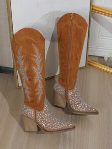 时尚走秀粗跟水钻刺绣星星拉链侧中筒牛仔靴，春秋冬，加大码 - 棕褐色 - 查看 3