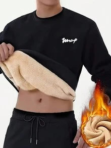 男士纯色简约套头运动衫，保暖内衬，适合秋冬季 - 黑色 - 查看 1