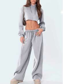 Women's Casual Joggers Sweatpants Solid Color Drawstring High Waist Wide Leg Trousers - Grey - View 3