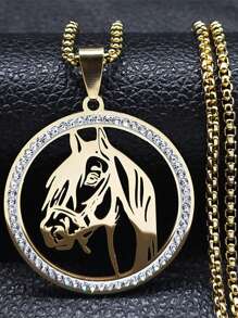 动物马头吊坠项链，男女款不锈钢透明水钻动物项链，金银色，男女款时尚珠宝项链 - 項鍊 - 查看 7