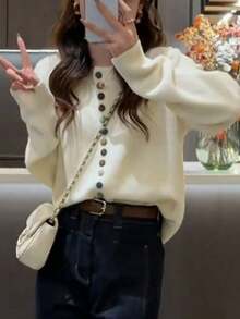 Áo len cardigan dáng ngắn thanh lịch nhẹ nhàng ấm áp phong cách Hàn Quốc thu/đông 2024 - trắng - Xem 4