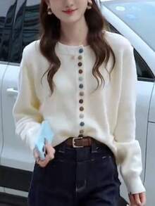 Áo len cardigan dáng ngắn thanh lịch nhẹ nhàng ấm áp phong cách Hàn Quốc thu/đông 2024 - trắng - Xem 2