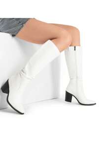 Women's Knee-High Boots, Comfortable Chunky Block Heel Pointed Toe Pull On Side Zipper Suede Slouch Riding Boots - trắng - Xem 5