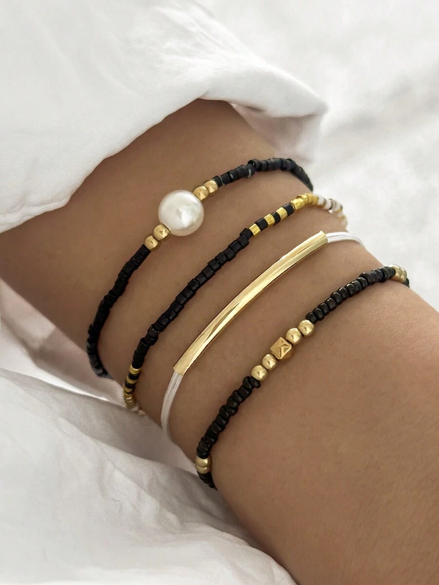 4 Vòng Tay CCB Hạt Gạo & Ngọc Trai Giả Đàn Hồi, Phụ Kiện Ống Cong Phong Cách Đi Biển Đơn Giản & Thời Trang Dành Cho Nữ (Hạt Cơm Hỗn Hợp, Phân Loại Ngẫu Nhiên) - màu đen - Xem 1