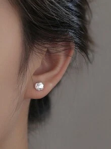 S925 Sterling Silver Delicate Mini Chipped Silver Earrings, Asymmetrical Design For Men And Women - White - View 3