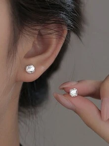S925 Sterling Silver Delicate Mini Chipped Silver Earrings, Asymmetrical Design For Men And Women - White - View 4