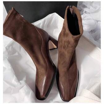 2024 Autumn & Winter New Thick Heel Square Toe Splice Elastic Skinny Boots, Short Shaft High Heel Booties With Back Zipper & Suede Material For Women
