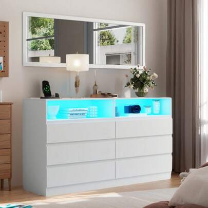 Modren Drawer Dresser With Full Length Mirror 48"X16" ,6 Drawer Dresser With LED Light,White Storage Dressers For Bedroom, Living Room, Hallway(White)