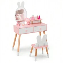 Homasis Kid Vanity Set Makeup Table Stool With Drawer Shelf Wood Leg Rabbit Mirror - White - View 1