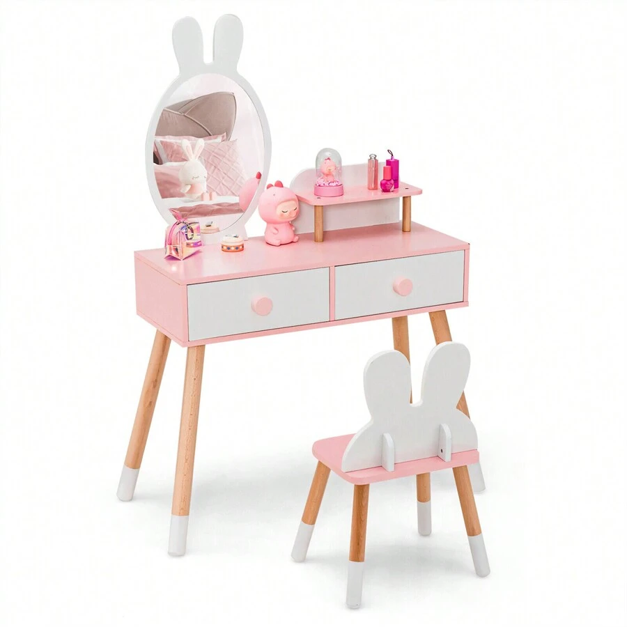 Homasis Kid Vanity Set Makeup Table Stool With Drawer Shelf Wood Leg Rabbit Mirror - White - View 1