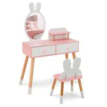 Homasis Kid Vanity Set Makeup Table Stool With Drawer Shelf Wood Leg Rabbit Mirror - White - View 10