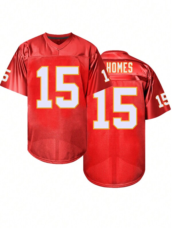 Boyfriend Style Men's American Football Jersey, 15, Red, Embroidery Sports T-Shirt