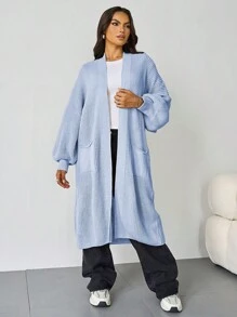 Longline Balloon Sleeve Knitted Cardigan Live1,Basic Plain Fall & Winter Clothes,Lady's Side Pocket Open-Front Womenswear - 藍色 - 查看 2