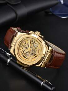 LONGLUX 1pc Men's Double-Sided Hollow Automatic Mechanical Watch With Leather Strap, Classic And Stylish - Brown - View 5