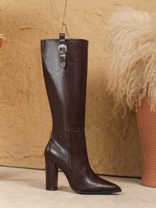 大码女士时尚过膝靴，秋冬季高跟休闲软靴，拉链开合，驼色 - 棕色 - 查看 4