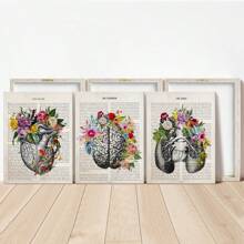 3 件花卉解剖帆布墙艺术套装 - 经典现代风格艺术装饰，适用于家庭办公室、浴室、客厅装饰 - 大脑、心脏、肺，配有春/夏花卉 - 室内/室外艺术品装饰、海报礼物生日毕业