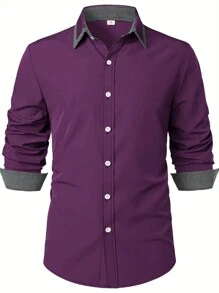 Chemise violette classique mode homme, manches longues, col simple boutonnage, design de col imprimé stylisé, convient pour le printemps, l'été, l'automne, les occasions décontractées et habillées - Prune - Voir 3