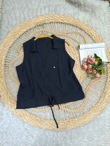 Women's Plain Viscose Linen Fabric Tank Top With Button - màu đen - Xem 2